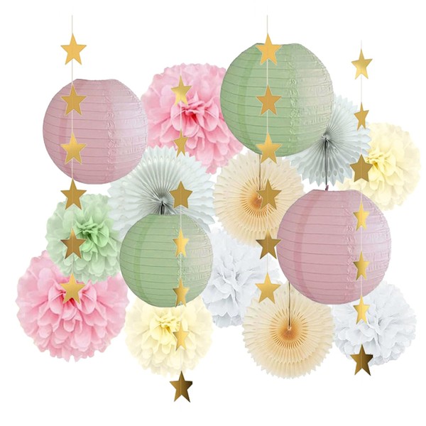 Sage Green Pink Paper Party Decorations, Paper Decorations Hanging Lanterns,