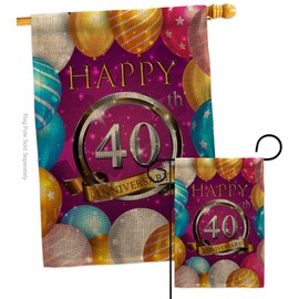 Breeze Decor Anniversary Happy 40th Burlap Garden House Flags Set Celebration Couple Married Wedding Occasion Party Valentines Small Decorative Gift Yard Banner Double-Sided Made in USA 28 X 40
