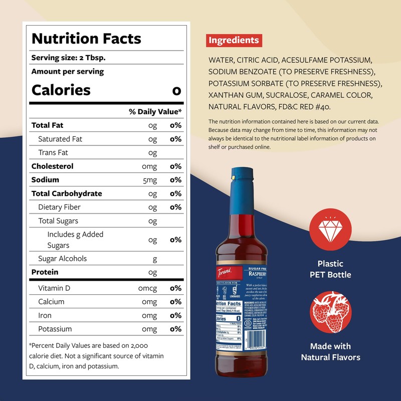 Torani Sugar Free Syrup, Raspberry Flavored Syrup for Drinks, Zero