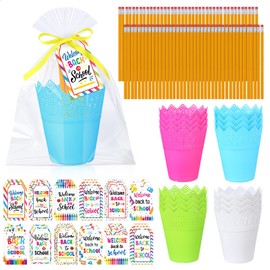 Pasimy 24 Sets Back to School Stationery Gifts Set for Students First Day of School Pencils Holders With Label Tags Pencils Gift Basket for Classroom Prize Goodie Bag Fillers Party Favors(Pen Cup)
