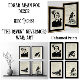 Edgar Allan Poe Collection of 4 UNFRAMED (8x10 inch) Gothic Home Decor Wall Art Prints - Edgar Allen Poe Decor Quote The Raven NEVERMORE Poems Gifts - Dark Academia Victorian Oddities Goth Emo