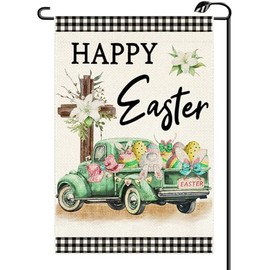 Easter Garden Flag 12x18 Inch Vertical Double Sided Happy Easter Buffalo Plaid withTruck Cross Bunny Eggs Small Flags Farmhouse Outside Decoration For Yard (ONLY FLAG) FH35