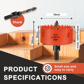 Bi-Metal Hole Saw 78 mm, Hole Drill Bit for Wood and Metal, Bi-Metal Round Drill Bit with 35 mm Cutting Depth for Steel, Cast Iron, Aluminium, Drywall, Plywood and Acrylic