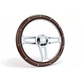 New World Motoring 14" 6 hole Mahogany Wood Chrome spoke Steering Wheel,Horn button Chevy Ford GMC