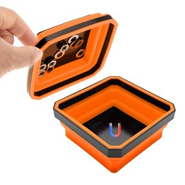 FSTURIOS Collapsible Magnetic Parts Tray, 4.5" Square Silicone Tool Tray with Double-Sided Magnetic Base, Foldable Bowls Small Metal Parts Holder for Screws Bolts Nuts Washers (Orange)