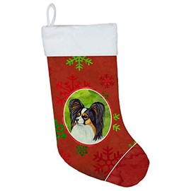 Caroline's Treasures LH9345-CS Papillon Red and Green Snowflakes Holiday Christmas Christmas Stocking LH9345, Large, Multicolor