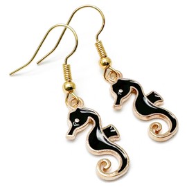 Seahorse Charm Earrings, Super Cute Black Enamel Charm Beads on Nickel Free Gold Tone Hooks : 39mm long, Gift for Women, Marine Ocean Sea Animal Lover Drop Earrings