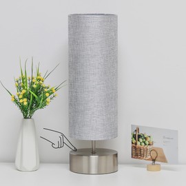 Bedside Touch Lamp, 3 Way Touch Control Table Lamp with Silver Base, Modern Gray Nightstand Lamp with Cylinder Shade, Simple Dimmable Night Light for Bedroom Living Room Kitchen, LED Bulb Included