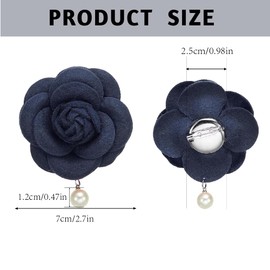 Camellia Flower Brooches Vintage Fabric Flower Brooches with Faux Pearls Elegant Floral Lapel Pins for Women Hat Dress Shirt Tie Corsage Dark Blue