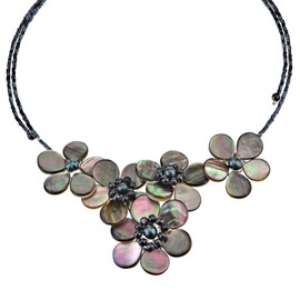 AeraVida Ocean Bouquet Black Lip Shell and Cultured Freshwater Pearl(Dyed) Floral Choker Wrap Necklace