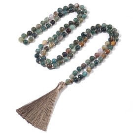 BALIBALI 8MM Beads Chakra Long Mala Necklace Natural Stone Meditation Statement Necklace Japa Yoga Buddhist Rosary Prayer Charm Beaded Tassel Necklace, India Agate, india agate