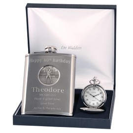 Engraved 80th Birthday Pewter Golf Feature Pocket Watch and Hip Flask Gift Set in a Quality Box