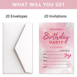 HOMANGA Birthday Party Invitations for Girls, 20Pcs Birthday Invitation Cards with Envelopes, Pink Party Invites for Kids(10x15cm, Double-Sided)