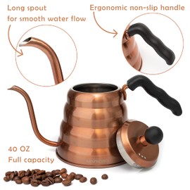 Mixpresso Gooseneck Pour Over Coffee Kettle, Barista Pour Control Design For Coffee & Tea High-Grade Stainless Steel 1.2 Liter (40 Oz) Drip Coffee Induction Cooker, Copper Stovetop Kettle