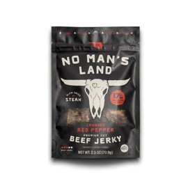 No Man's Land Crushed Red Pepper Beef Jerky, Hand-Cut Steak, Slow-Dried, 17g Protein Per Serving, 0g Sugar, No MSG, No Nitrates, Premium Cut Spicy Jerky, Made in Oklahoma (2.5oz)