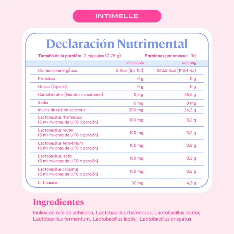 B-fit Intimelle Probióticos + Inulina Prebiótica 60 Caps Sin Sabor