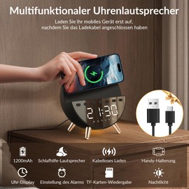 HOURUNTAIL Digital Alarm Clock with 15W Wireless Charging with Warm White Light, 5 Calming Tones/White Noise, Double Alarm Clock for Bedroom, Late Risers, Adult/Kids (Black)