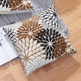 Brown and Black Grey Dahlia Throw Pillow Covers 20x20 Inch Coffee Tan Gray Outdoor Geometric Flower Decorative Pillows Cover Set of 2 Spring Summer Farmhouse Pillowcase for Bed Couch Sofa Decor