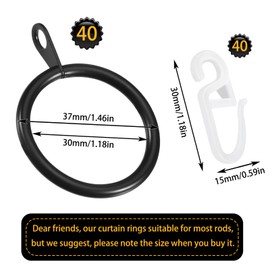 40 Pieces Metal Curtains, Curtain Rings, Curtain Hanging Rings and Plastic Curtain Hooks, 30 mm Inner Diameter for Window Curtain, Bed Curtain, Shower Curtain (Black)