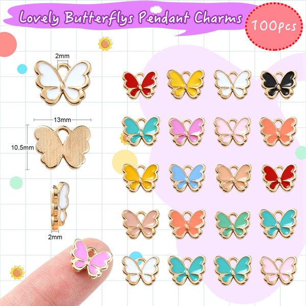 DanLingJewelry 100pcs Random Colors Alloy Butterfly Charms Gold Plated Enamel