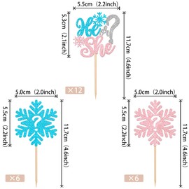 24 piezas de copos de nieve revelan el género para magdalenas con purpurina para niños o niñas, copos de nieve, decoraciones para pasteles de él o ella para baby shower, revelación de género para niños y niñas, suministros para fiesta de cumpleaños