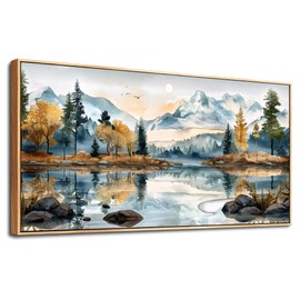 ERQINHUA Large Canvas Wood Framed Abstract Wall Art Living Room Wall Decor for Bedroom Office Decoration Watercolour Paint Tree Lakeside Landscapes Picture Artwork Home Decor Ready to Hang 30x60 In