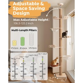 Veehoo Cat Tree Floor to Ceiling-Cat Tower Ajustable Height(106-123 Inches)-Tall Cat Tree with 4.3" Thickened Post, Large Cat Tree Tower for Indoor Cats