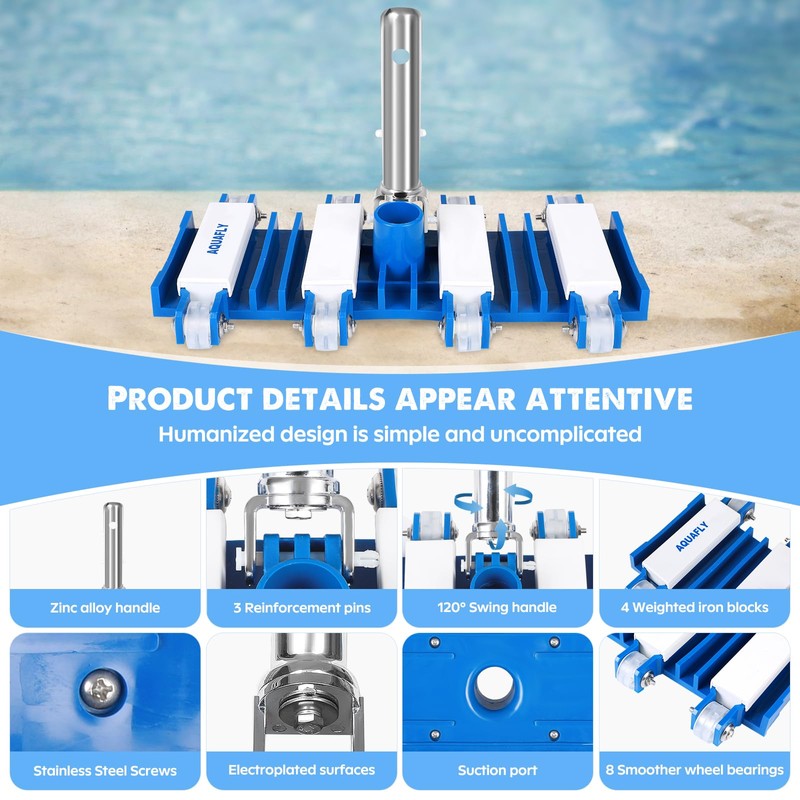 Pool Vacuum Head, Manual Cleaning Vacuum with Wheels 14'' Heavy