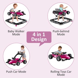 INFANS 4 in 1 Baby Walker, Foldable Toddler Activity Center with Adjustable Height, Padded Seat, Music, Light, Removable Tray, Push Walker for Girls Boys Aged 6-18 Months (Violet)
