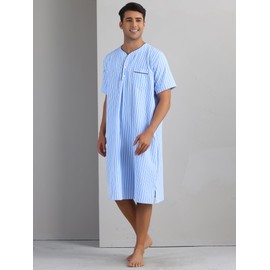 Lars Amadeus Light Blue Striped Nightshirts for Men's Short Sleeve Button Down Sleep Shirts V-Neck Stripes Nightgown Small