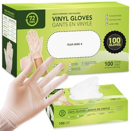 72HRS Vinyl Disposable All Purpose Clear Gloves – 4 mil, Latex Free and Power Free, Food Grade Multipurpose Gloves (100, Large)