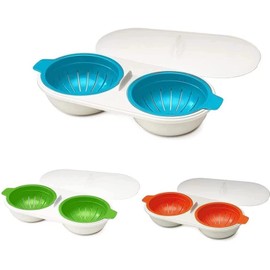 WWLUCKY Draining Egg Boiler for Microwave, Perfect Double Egg Poacher, Silicone Egg Boiler Cups, Double Egg Cups for Boiled Eggs, Draining Egg Boiler Set, Kitchen Cooking Gadget Tools, Blue
