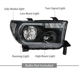 Headlights Assembly Front Headlamps, Compatible with Toyota Tundra 2007-2013, Fit Toyota Sequoia 2008-2017, Driver & Passenger Side, Clear Lens Black Housing Clear Reflector