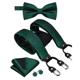 Dubulle Mens Clips Suspenders and Pretied Bowtie Set Y Shape Adjustable Paisley Checks Braces Pocket Square,Emerald Green