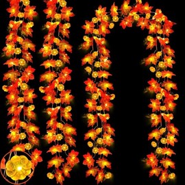 GOMITA 3 Piezas Guirnalda Otoñal de 3 Metros,con 60 Luces LED y Hojas de Arce de Aspecto Realista,Ideal para Decorar Interiores y Exteriores en Acción