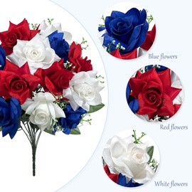 12 Stem Artificial Cemetery Flowers with Vase,Blue,White and Red Rose Artificial Flowers for Outdoors & Indoor Wedding Home Decor, Grave Decorations for Cemetery,Cemetery Flowers for Grave