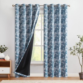 COLLACT 100% Blackout Curtains for Bedroom Blue Fall Leaf Patterned Curtains 96 Inches Long for Living Room Thermal Insulated Room Darkening Drapes Grommet Window Treatments, W50 x L96, 2 Panels Blue
