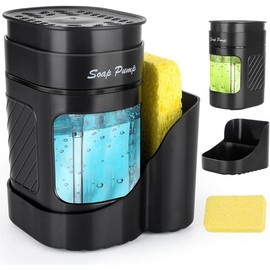 Kitchen Dish Soap Dispenser with Sponge Holder, 3-in-1 Countertop Dishwashing Soap Pump Dispenser Set for Kitchen Sink, Useful Kitchen Gadgets - Black - Color: Black