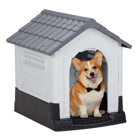 Dog House,Dog House Outdoor with Air Vents and Elevated Floor,Plastic Puppy House Indoor,Puppy Shelter Kennel Weatherproof for Dogs (Gray & White, 26inch)