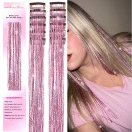 USHUIUS Hair Tinsel Clip in 12Pcs Pink Tinsel Hair Extensions, Clip in Hair Tinsel Fairy Glitter Hair Tinsel Kit Heat Resistant Sparkly Hair Accessories for Girls Women Kids (PINK)