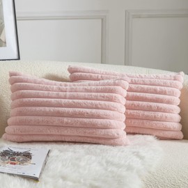 Mandioo Pack of 2 Decorative Cushion Covers 30cm x 50cm Faux Fur Striped Plush Soft Throw Pillow Covers Pillow Cases Bedroom Living Room Sofa Home 12x20 Inch Pink
