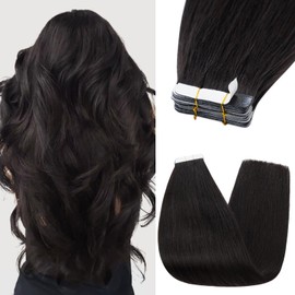 Silk-co Tape in Hair Extensions 16in 100% Real Remy Straight Human Hair Straight Invisible Glue Skin Weft 10 Pcs 25g #1B Natural Black