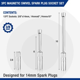 WORKPRO 3PC 14mm Spark Plug Socket, Magnetic Swivel Thin Wall Socket with 6- and 10-inch Extensions, 3/8-inch Drive with 12-Point, Magnetic Core