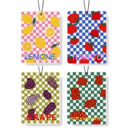 EVER-GOING TUNE Checkered Fruit Car Air Freshener 4 Pcs, Lemon/Strawberry/Grape/Tomato Hanging Air Freshener for for Cars Closet Drawer Books, Decor for Car Accessories Mirror Decor for women.