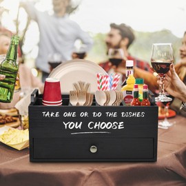 Paper Plate Dispenser with Drawer for Kitchen Countertop, Wooden Paper Plate Holder with Large Cup Holder, Rustic Wood Silverware Caddy Holder for Cutlery, Party, Paper Plate Organizer (Black-Drawer)