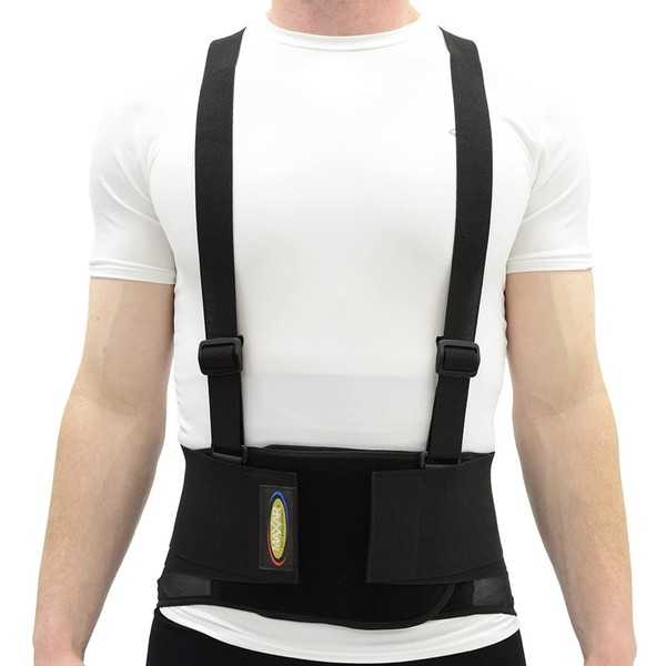 MAXAR Industrial Back Brace for Work, Adjustable Double Pull & Removable Suspenders/Straps, Ideal for Lumbosacral Back Pain Relief & Heavy Lifting, 8" Wide, Unisex (Black, Medium)