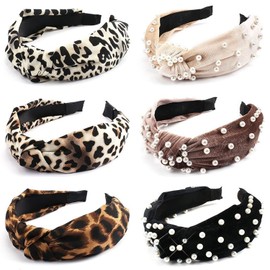 Headbands for Women’s Hair Pearl Leopard Knotted Elastic Headband Hair Bands Hairbands Twisted Headwrap Ear Wide Hair Hoops Accessories for Girls Adult Women Cute Knot Head Band 6 Packs (B, One Size)