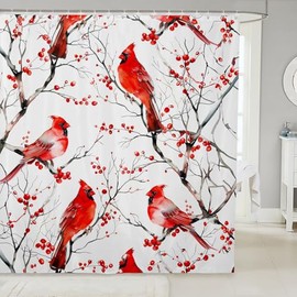 Erosebridal Cardinal Shower Curtain 72" Wx72 L Red Bird Bathroom Accessories for Kids Men Women Natural Safari Branches Rustic White Waterproof Bath Curtain