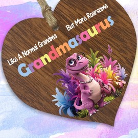 Grandma Gifts - Roarsome Grandmasaurus Wooden Heart Plaque - Happy Birthday Gifts for Grandma from Grandson Granddaughter, Dinosaur Mother's Day Presents, Dark Wood Sign Keepsake
