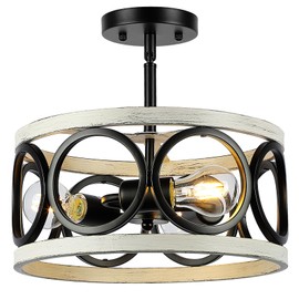 QianZhan Farmhouse Semi Flush Mount Ceiling Light,3-Light Industry Oak White Sloped Ceiling Light Fixtures D13 Inches Rustic Metal Light Fixture for Entryway Foyer Hallway Kitchen Dining Room